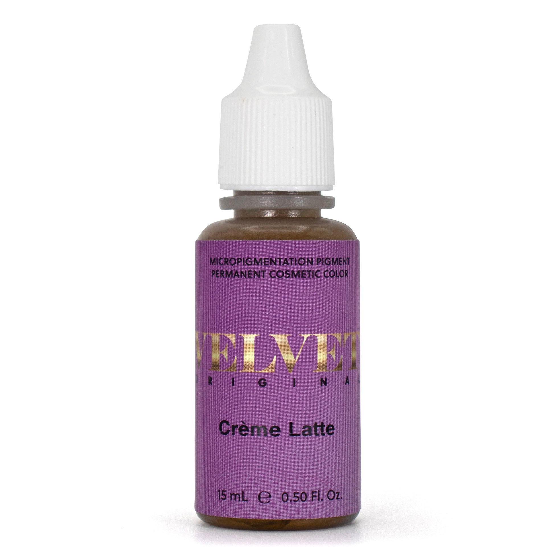 Velvet Crème Latte pigment bottle, a light, warm brown ideal for soft blonde or aging skin tones.