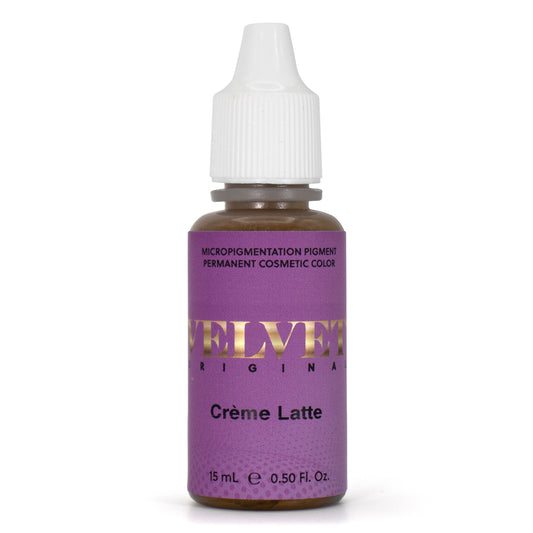 Velvet Crème Latte pigment bottle, a light, warm brown ideal for soft blonde or aging skin tones.