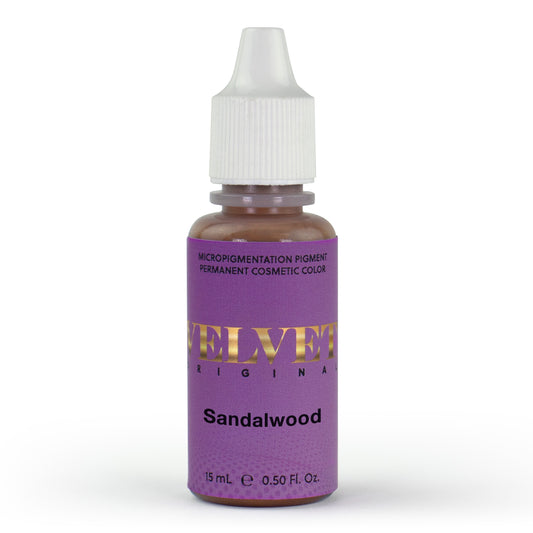 Close-up of Velvet Sandalwood pigment bottle for permanent makeup lip and brow procedures.