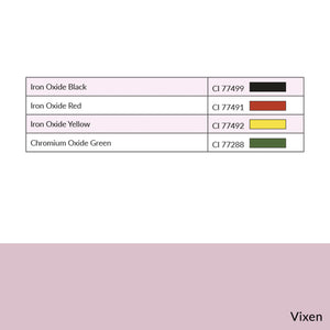 Vixen OMG Brow Pigment CI chart showing iron oxide-based ingredients used in the formula.