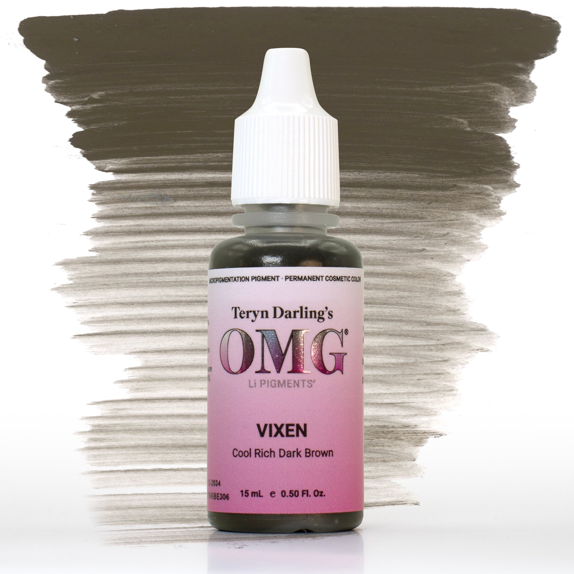 Vixen OMG Brow Pigment – cool, rich dark brown pigment shown with pigment swatch background.