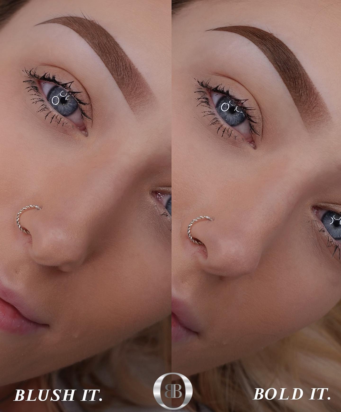 Side-by-side healed brow results using Warm Blonde Blush and Warm Blonde Bold pigments by Clarissa Stefania.

