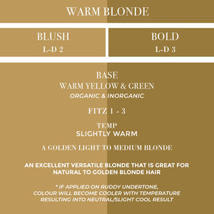 Pigment chart showing undertones, Fitzpatrick range, and notes for Warm Blonde Blush and Bold.