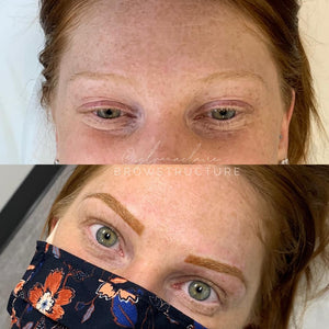 Healed eyebrow result using Loaded Whiskey Brown pigment by Sylvana Kotila, top-rated PMU supply for warm medium brow tones.

