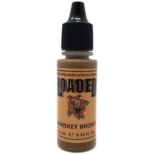 Loaded Pigment Whiskey Brown 15ml bottle, ideal for permanent makeup brows and top PMU artists' favorite warm brown.