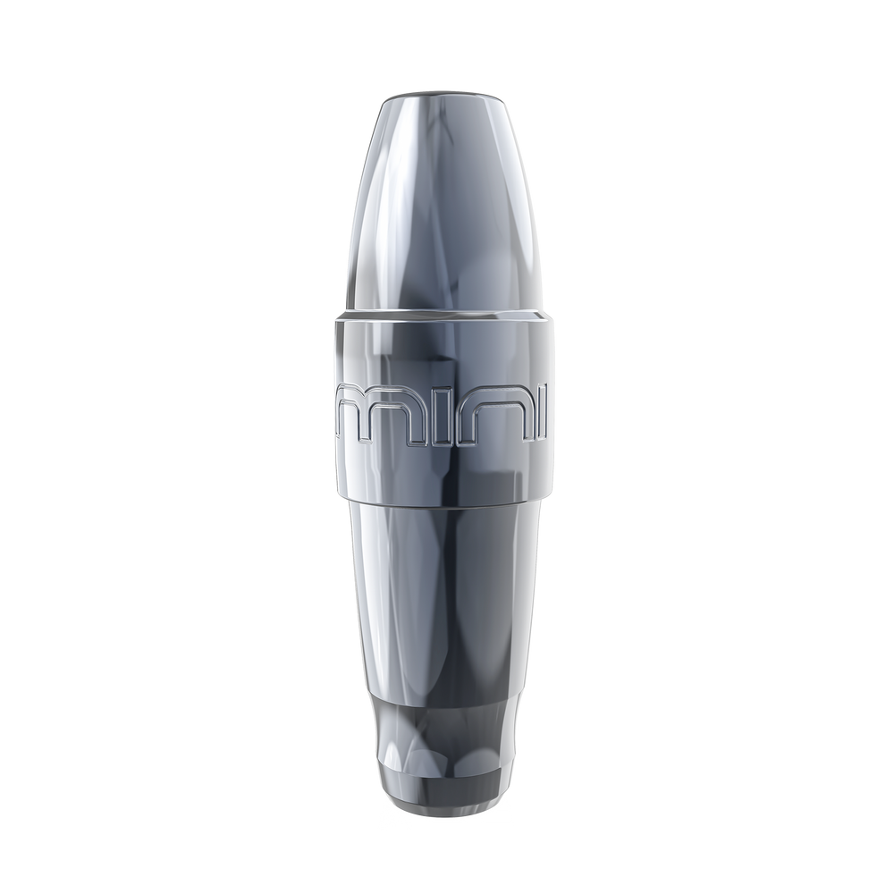Front view of the Xion Mini PMU machine in a sleek gunmetal finish, a compact pen-style tattoo device with a 2.5mm stroke designed for precision permanent makeup procedures.