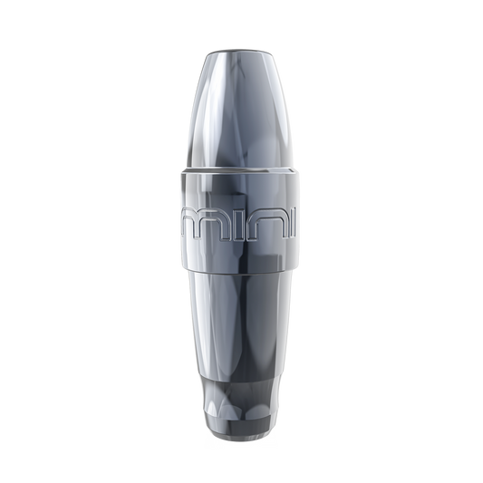 Front view of the Xion Mini PMU machine in a sleek gunmetal finish, a compact pen-style tattoo device with a 2.5mm stroke designed for precision permanent makeup procedures.