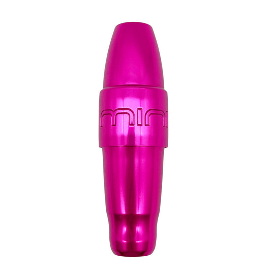 Front view of the Xion Mini PMU machine in vibrant magenta, a compact pen-style tattoo device with a 2.5mm stroke designed for precision and comfort in permanent makeup procedures.