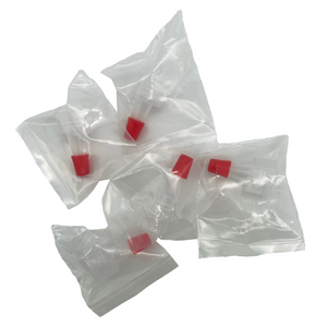 Individually packaged disposable PMU ink caps with red bases, shown in clear sterile packaging on a white background, used for holding pigment during permanent makeup procedures.