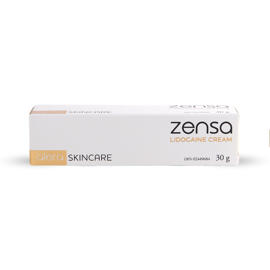 Zensa lidocaine cream 30g box by Alera Skin Care on white background